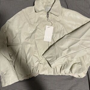 Zara Women's Light Cream leather Bomber Jacket